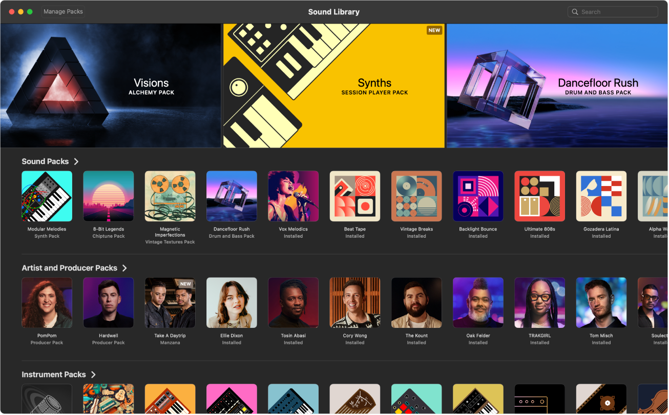 Figure. The Sound Library in Logic Pro for Mac.