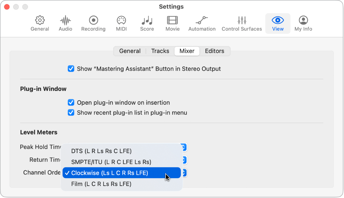 Figure. Mixer View Settings pane.