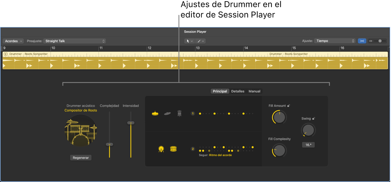 Ilustración. El editor de Session Player con ajustes de Drummer.