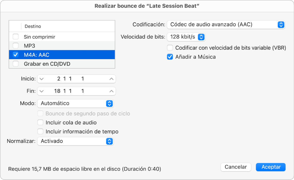 Ilustración. Opciones de bounce Opciones de archivo AAC en el cuadro de diálogo Bounce.