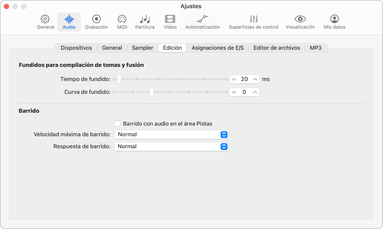 Ilustración. Los ajustes de edición de audio con los parámetros de fundido.