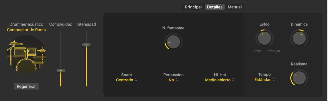 Ilustración. Editor de Session Player con la vista Detalles de “Acoustic Drummer”.