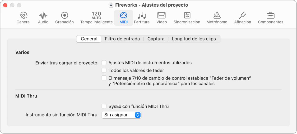Ilustración. Pestaña General del panel MIDI de ajustes del proyecto.
