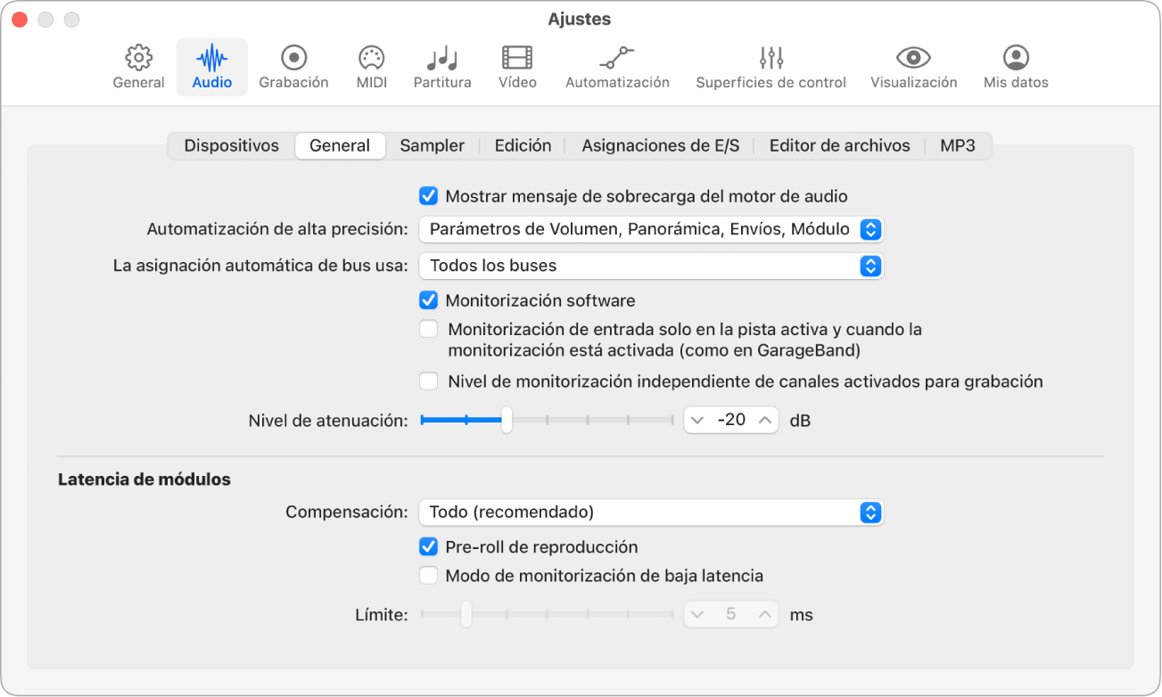 Ilustración. Ajustes generales de audio.