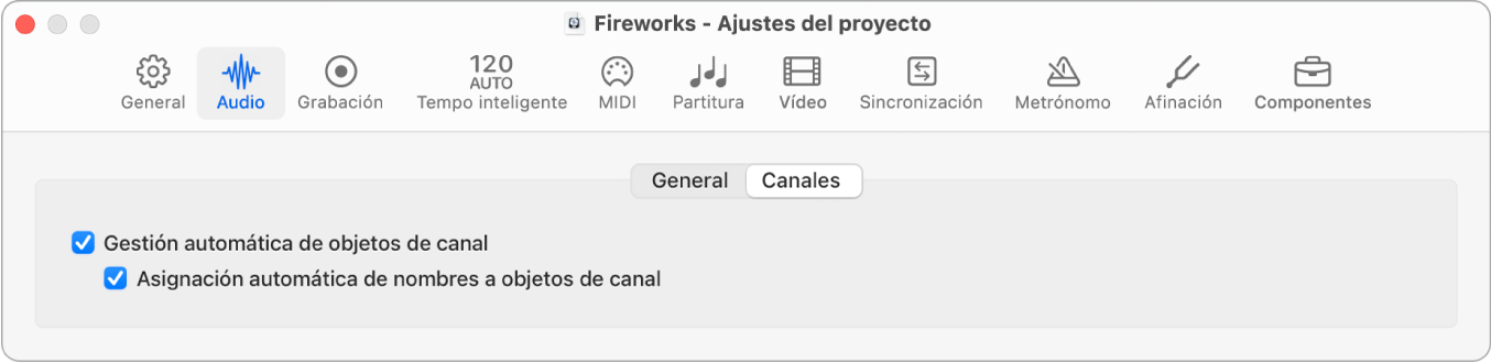 Ilustración. Ajustes de canales del proyecto.