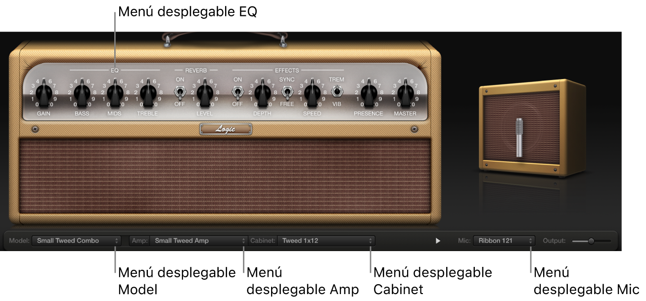 Ilustración. Ventana “Amp Designer” con las descripciones de los menús desplegables.