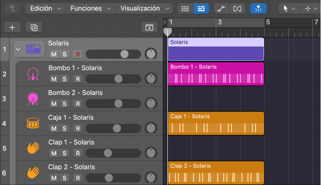 Track Stack de Drum Machine Designer ahora se divide y muestra pasajes de patrón en las subpistas.