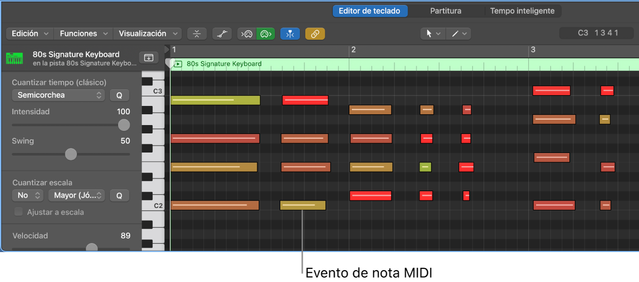 Ilustración. Editor de teclado, donde se señala un evento de nota MIDI.