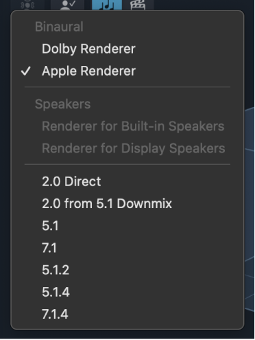 Ilustración. El menú emergente “Monitoring Format” con el formato de monitorización Apple Renderer seleccionado.
