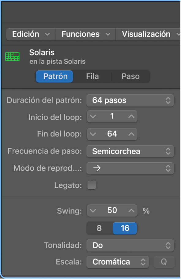 Inspector local del secuenciador de pasos que muestra los ajustes del patrón.
