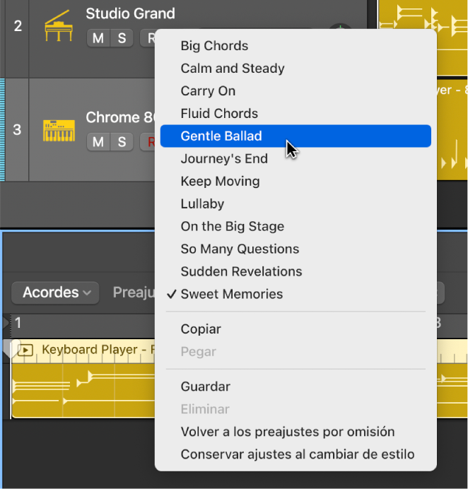 Ilustración. El menú desplegable Preajustes del editor de Session Player.