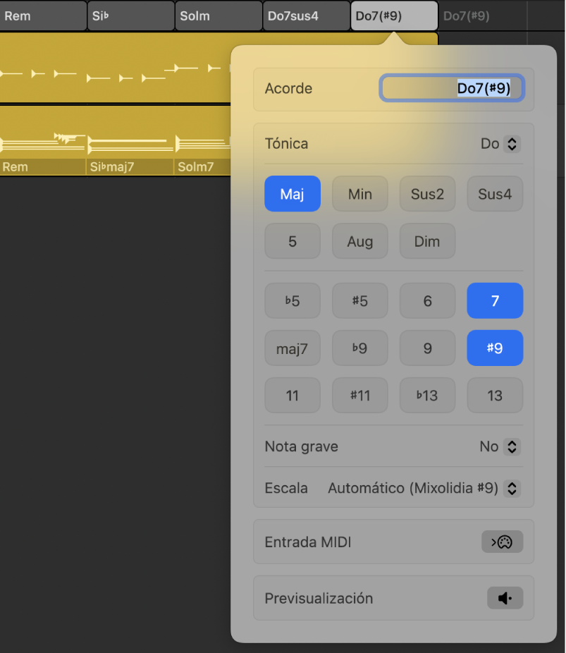 Ilustración. Cuadro de diálogo “Editar acorde” con el campo Acorde, el menú desplegable de tónica, los botones “Tipo de acorde”, los botones “Chord Extension”, el menú desplegable “Nota grave”, el menú desplegable Escala, el botón “Entrada MIDI” y el botón Previsualizar.