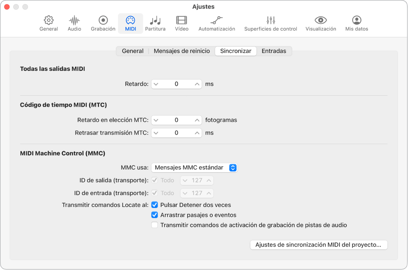 Ilustración. Ajustes de sincronización.
