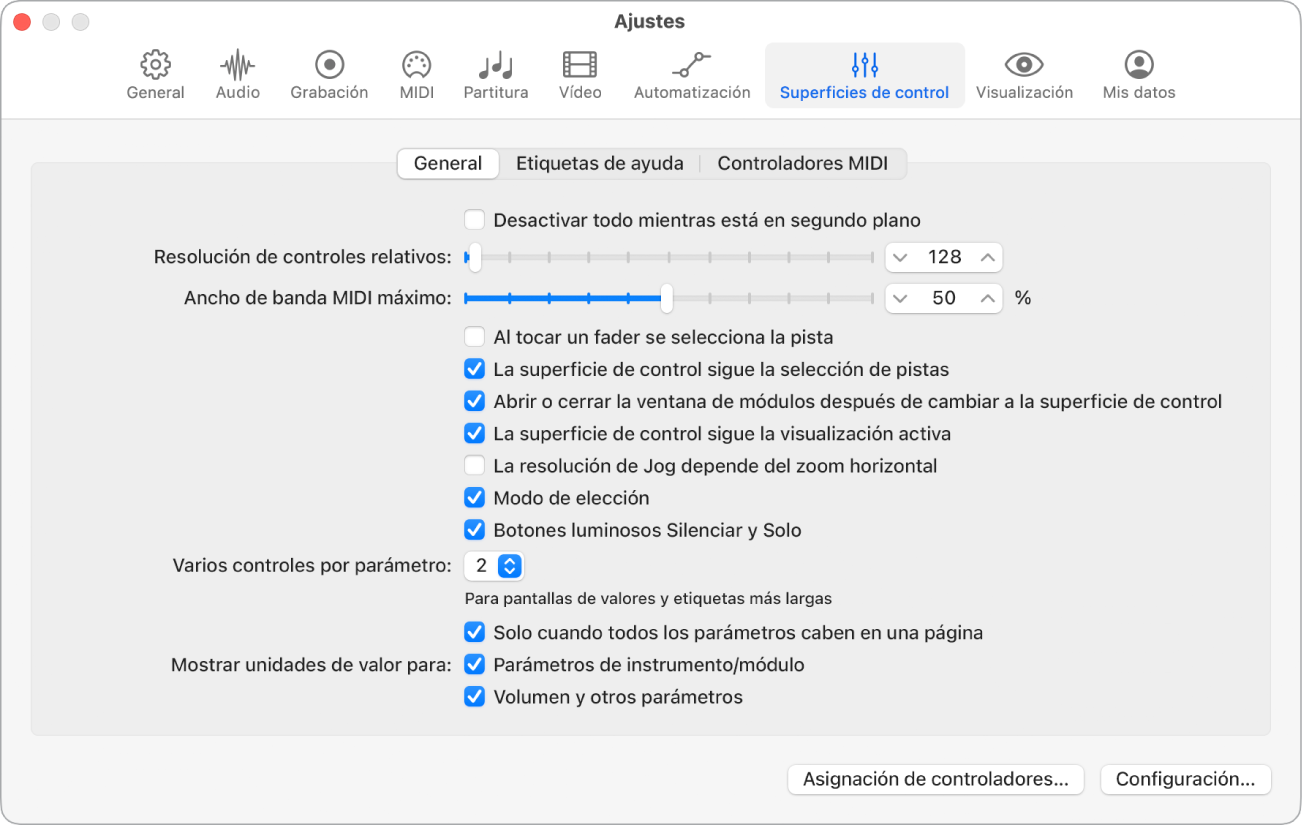 Ilustración. Ajustes generales de superficies de control.