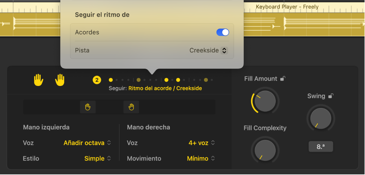 Ilustración. Sección “Seguir el ritmo de” del menú desplegable Patrones del editor de Session Player.