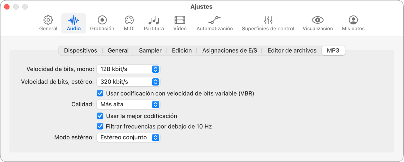 Ilustración. Ajustes de MP3.