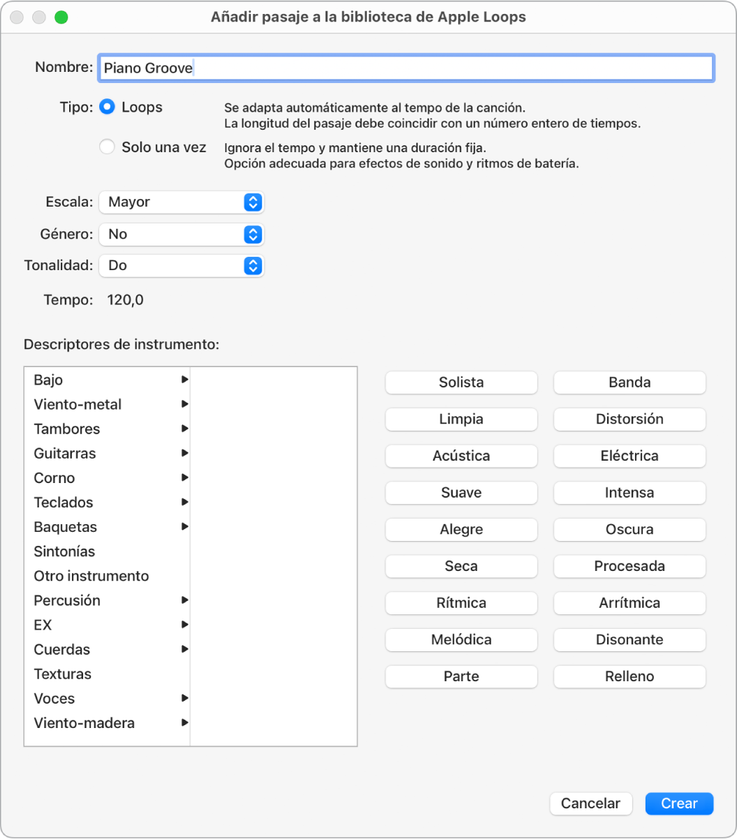 Ilustración. Cuadro de diálogo “Añadir pasaje a la biblioteca de Apple Loops”.