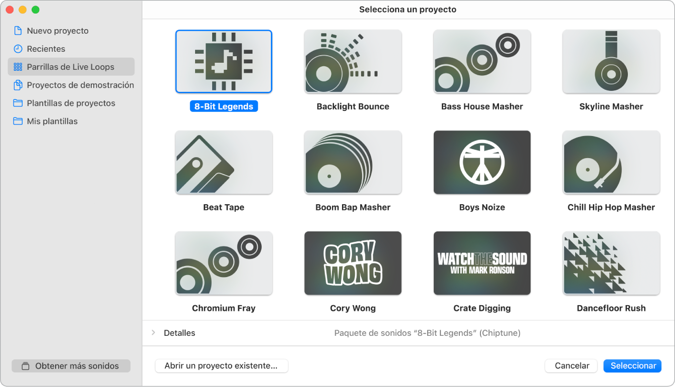 Ilustración. Selector de proyectos que muestra las parrillas de Live Loops.