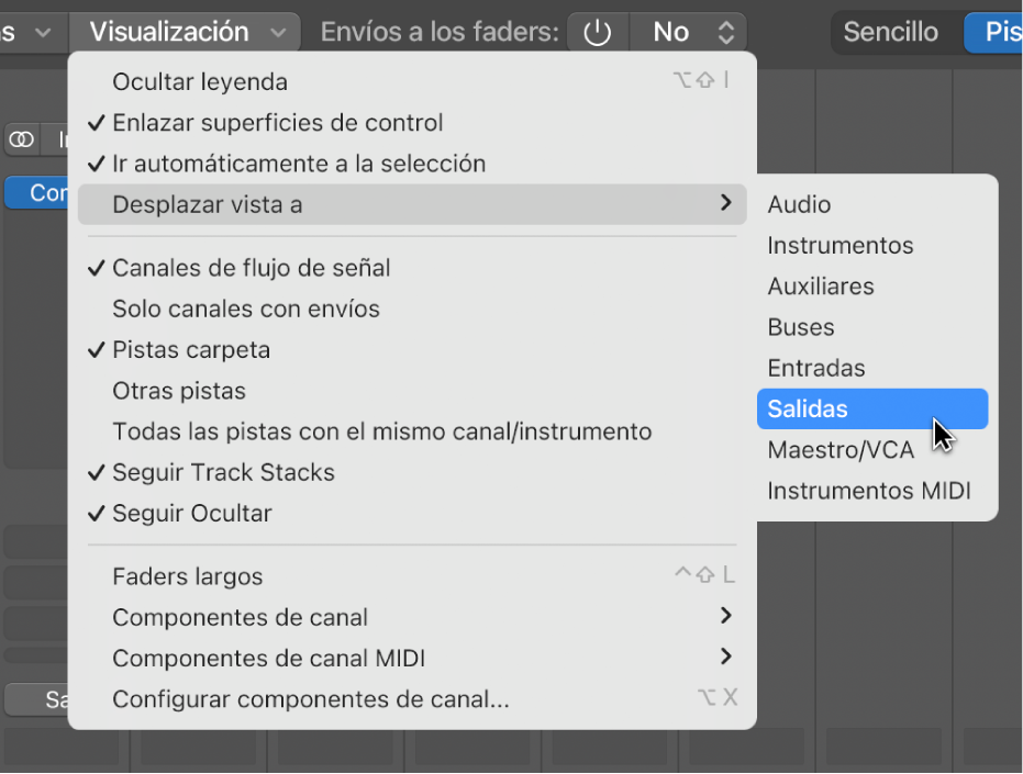 Ilustración. Submenú “Desplazar vista a” del menú Visualización del mezclador.