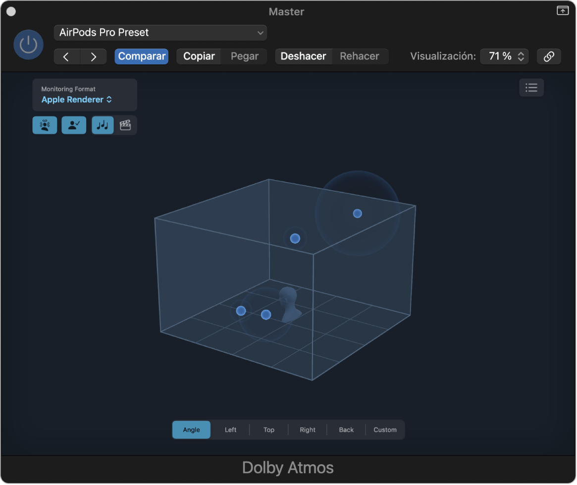 Ilustración. La ventana del módulo Dolby Atmos con Apple Renderer seleccionado como formato de monitorización. Los cuatro botones de Apple Renderer están arriba a la izquierda.