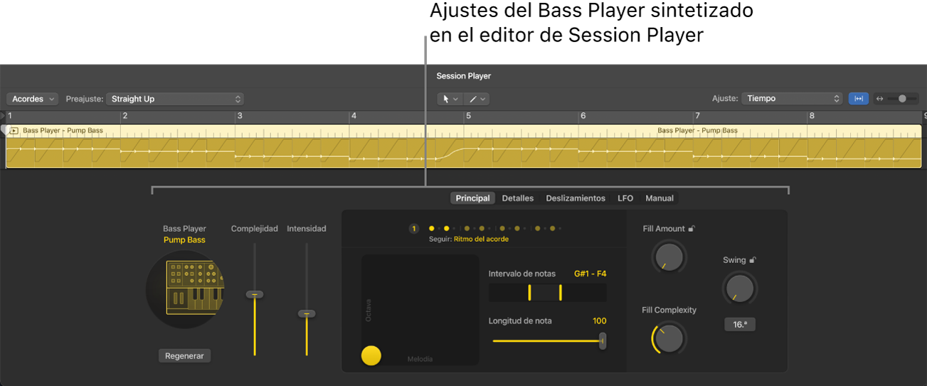 Ilustración. El editor de Session Player con ajustes de Pump Bass.
