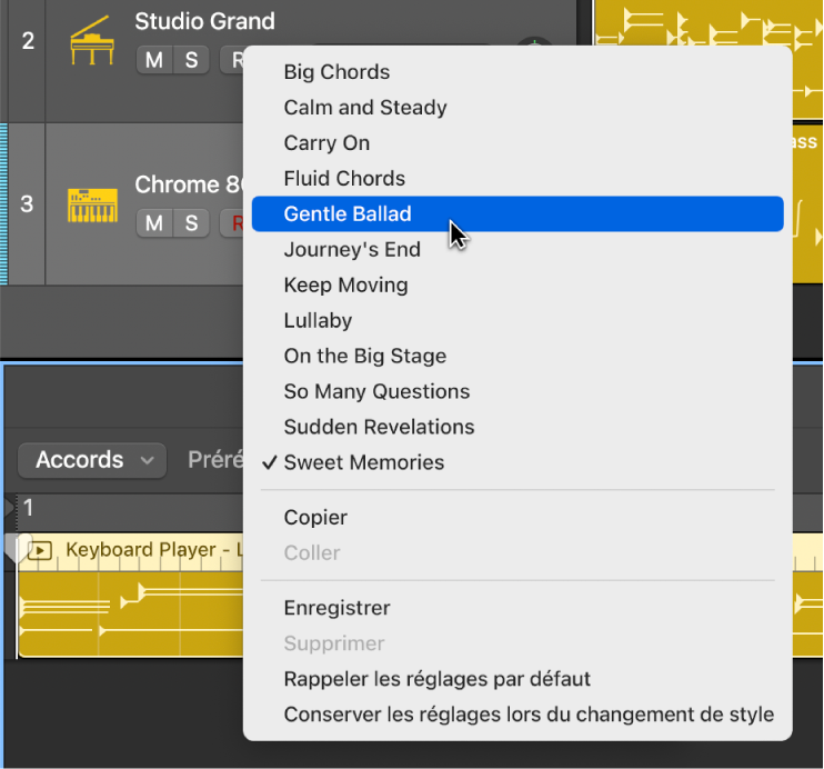 Figure. Menu local Préréglages dans l’éditeur de Session Player.