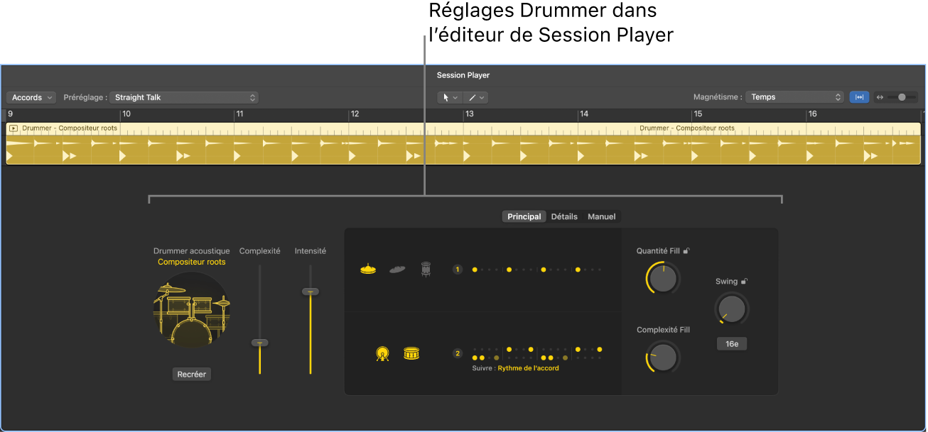 Figure. Éditeur de Session Player avec réglages Drummer.