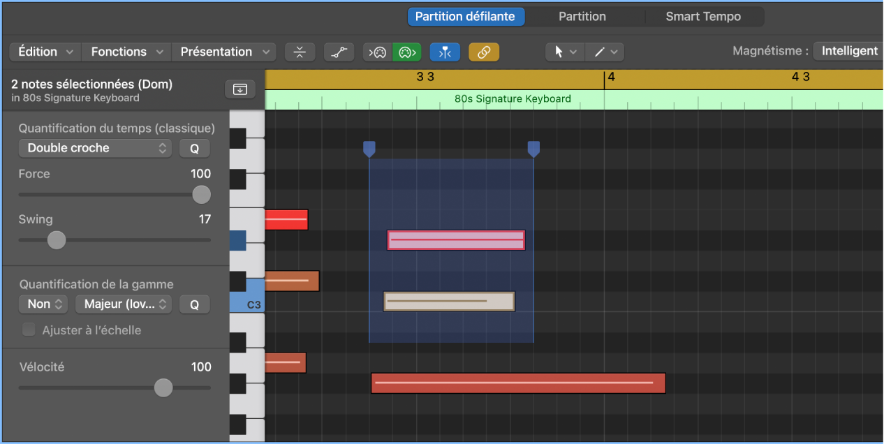 Figure. Poignées de temps dans l’éditeur de partition défilante.