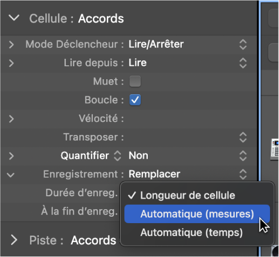Figure. Menu local des réglages « Durée d’enreg. » dans l’inspecteur de cellule.