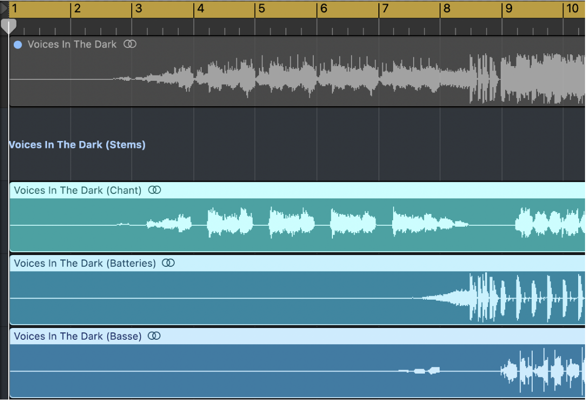 Figure. Zone Piste affichant une Track Stack avec des stems comme sous-pistes.