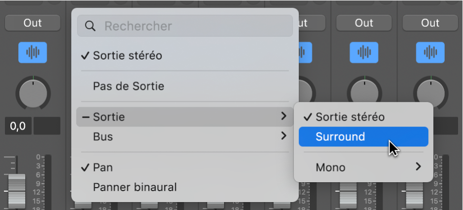 Figure. Sélection de Surround dans le menu local Sortie d’une tranche de console.