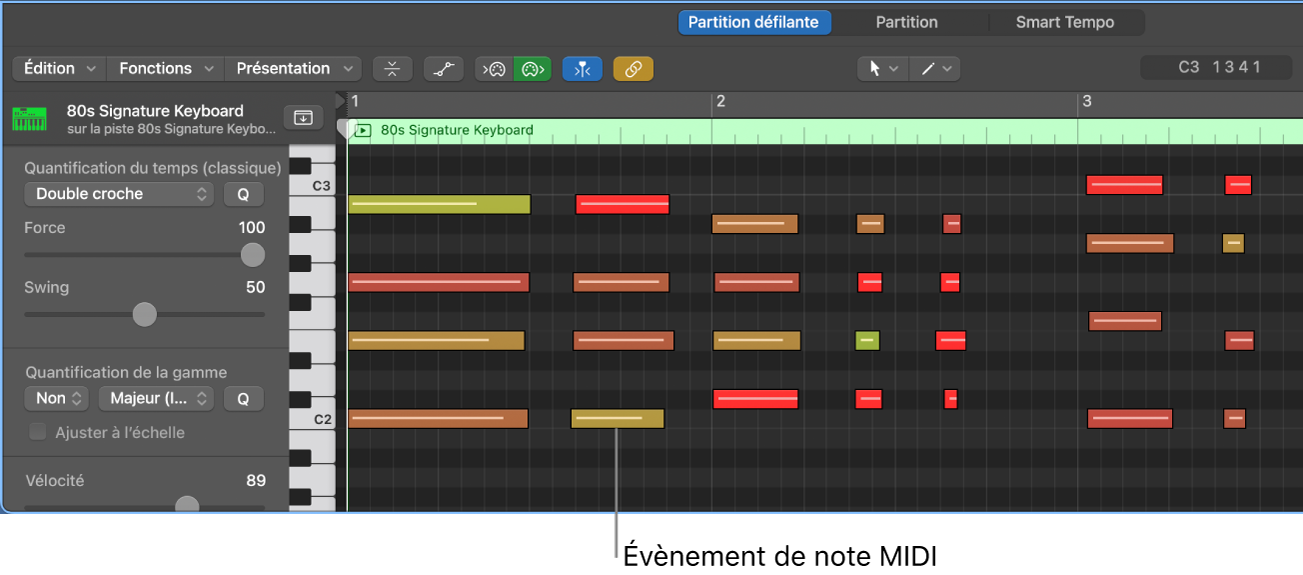 Figure. Éditeur de partition défilante, avec mise en évidence d’un évènement de note MIDI.