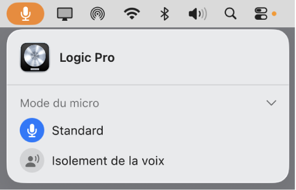 Figure. Zone de dialogue Mode Micro ouverte depuis la barre des menus principale, avec le mode Micro Standard sélectionné pour Logic Pro.