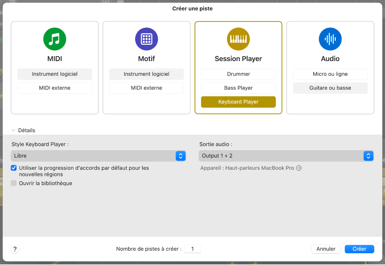 Figure. Zone de dialogue Nouvelles pistes avec boutons MIDI, Motif, Session Player et Audio.