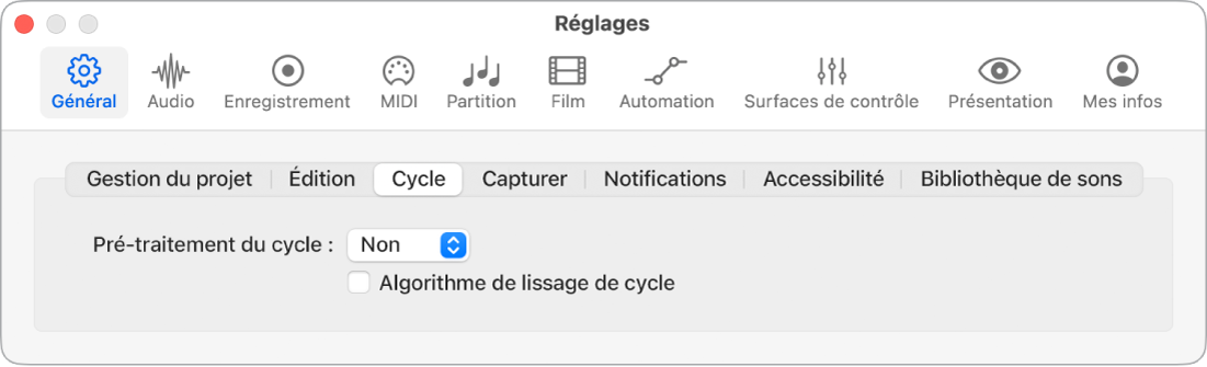Figure. Réglages du cycle.