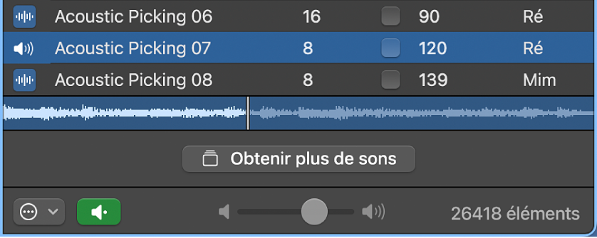 Figure. Curseur Volume et menu local « Lire dans » dans le navigateur de boucles.