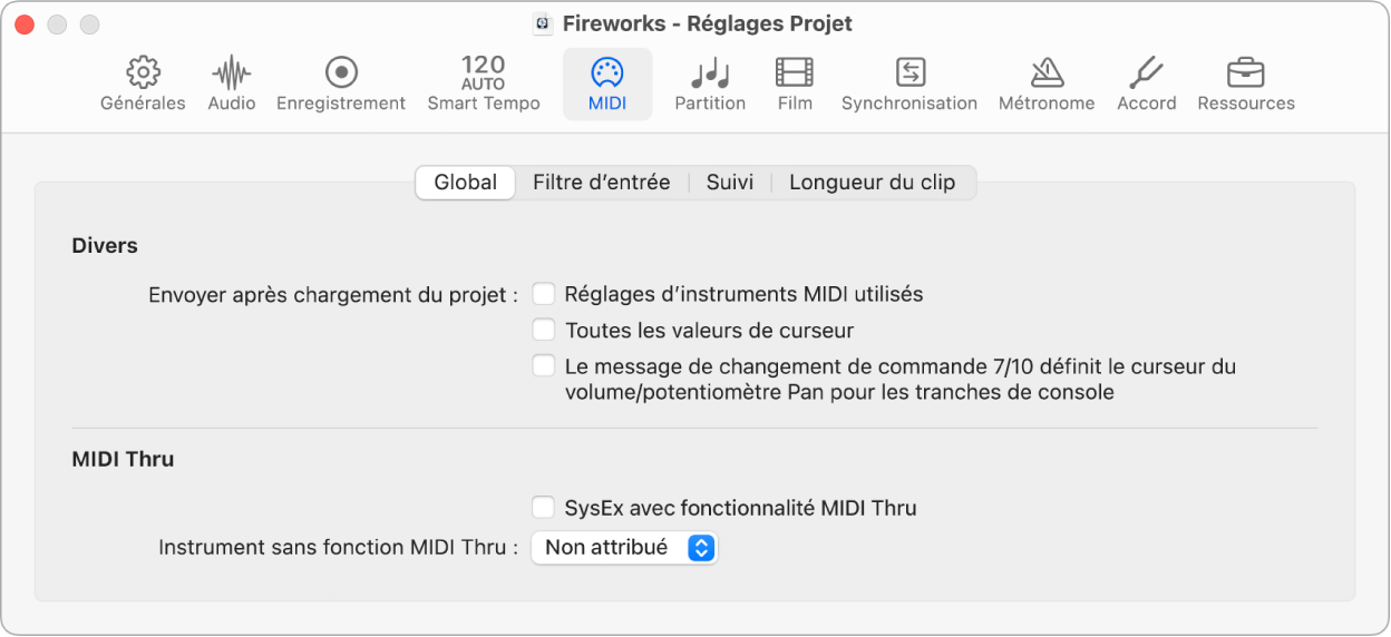 Figure. Réglages General MIDI du projet.