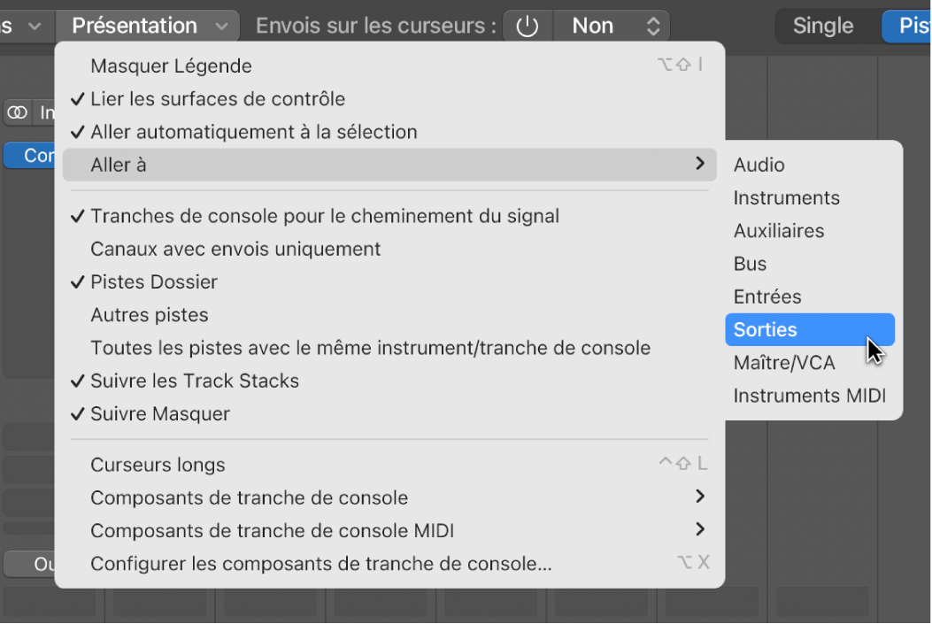 Figure. Sous-menu « Aller à » dans le menu Présentation de la table de mixage.