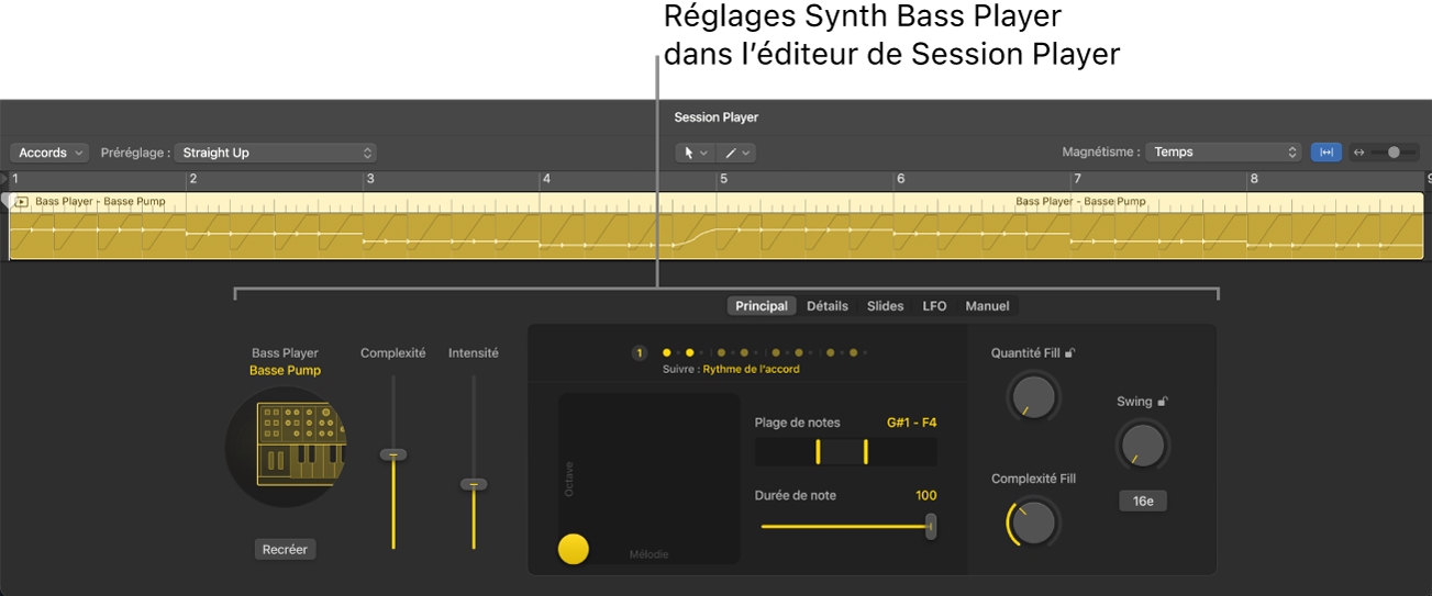 Figure. Éditeur de Session Player avec les réglages Pump Bass.