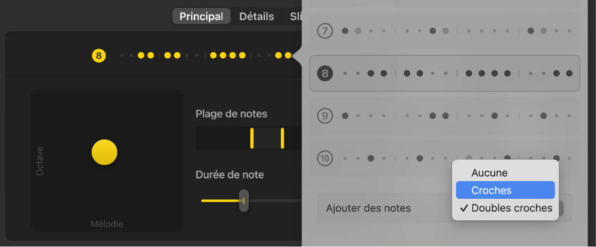 Figure. Menu local Ajouter des notes dans la fenêtre Motifs pour le style Basse séquentielle.