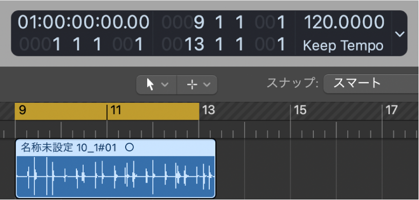図。ロケータの範囲がオーディオリージョンよりわずかに短く設定されていることを示すトラック領域。