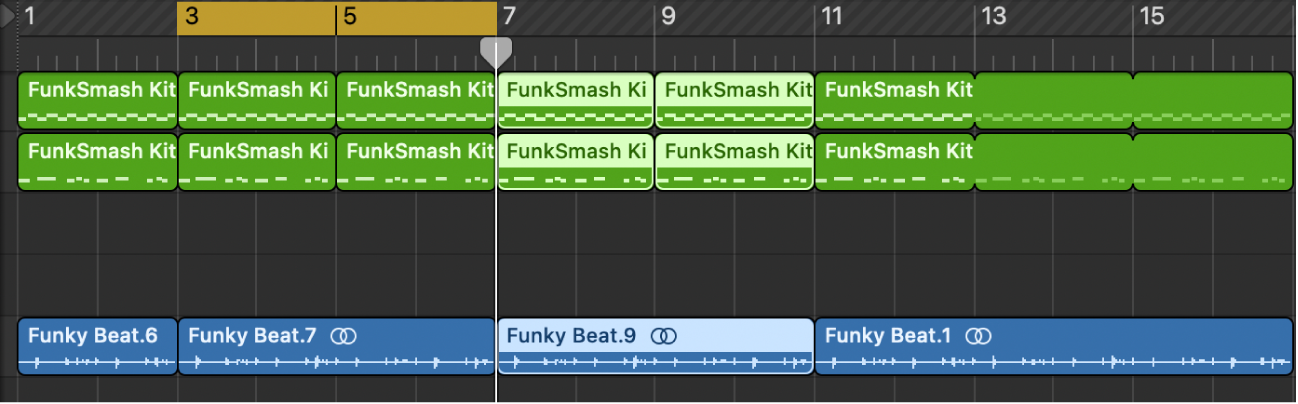 図。ロケータ間のセクションの繰り返し結果が表示されたトラック領域。