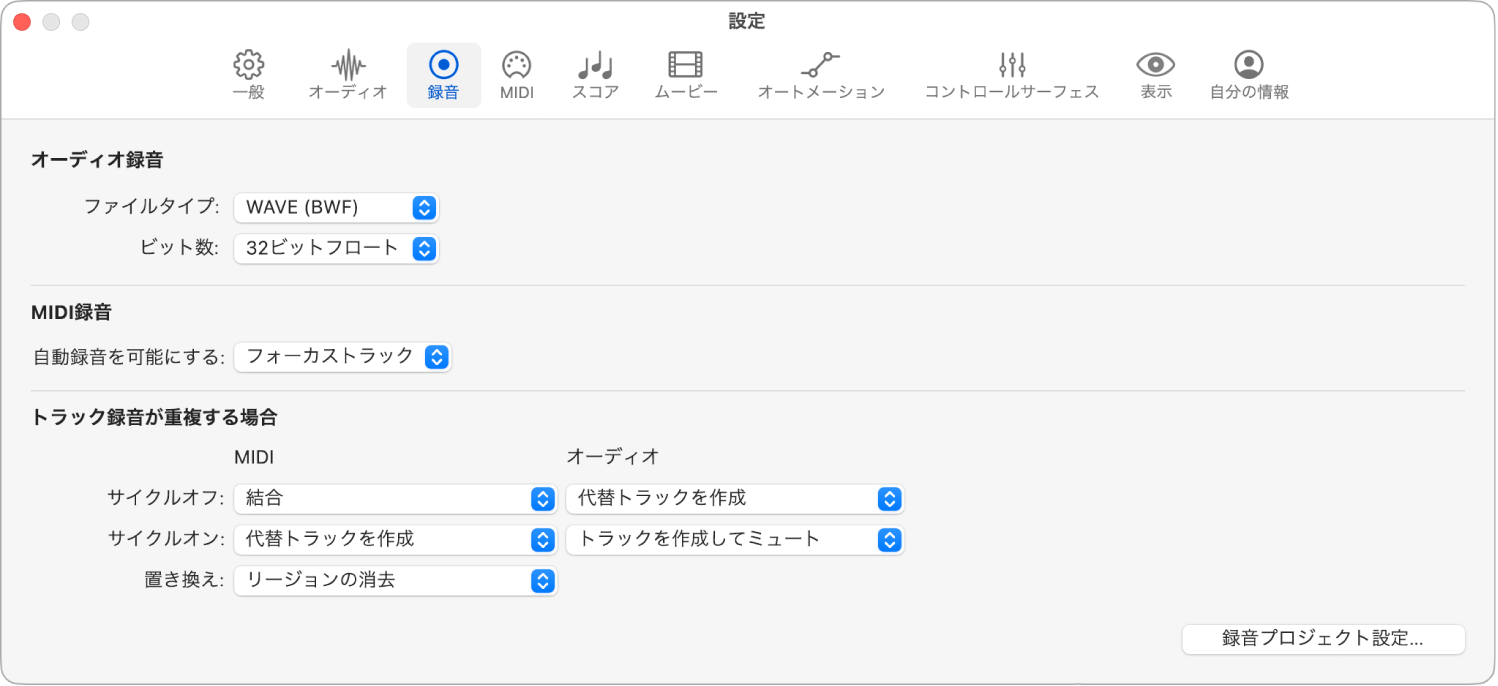 図。「録音」設定。