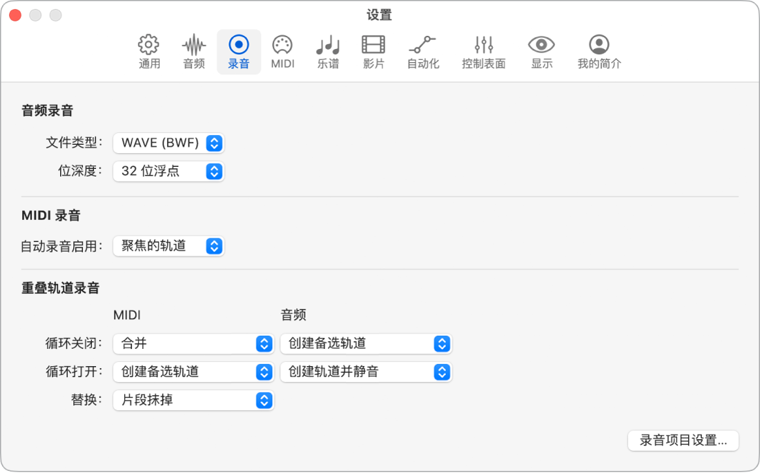 图。“录音”设置。