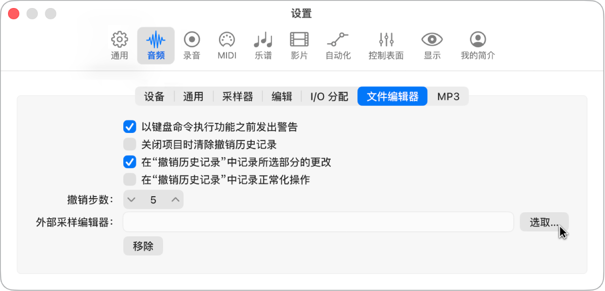 图。“音频”设置中的“文件编辑器”面板。