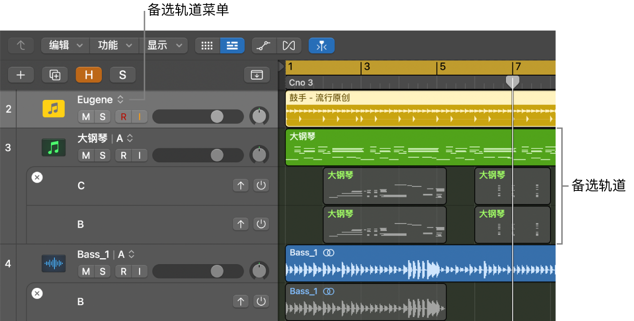 图。显示多个备选轨道的轨道区域,同时备选轨道菜单在轨道头可见。