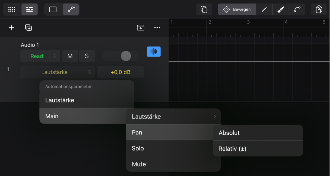 Abbildung. Das Einblendmenü „Automationsparameter“ mit Standard-Menüeinträgen.
