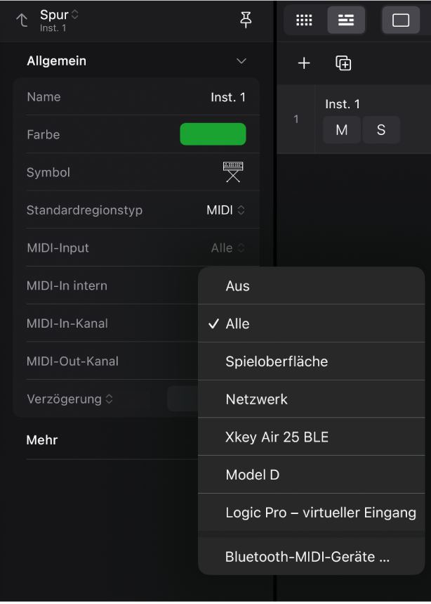 Einblendmenü „MIDI-Input“.