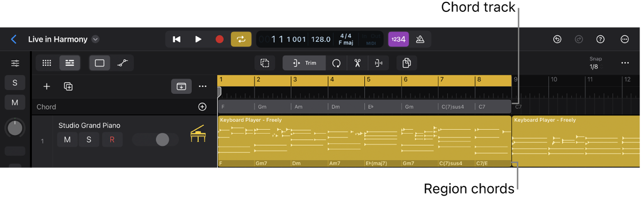 Figure. Logic Pro Tracks area showing Chord track with chords and chord groups, and Session Player region with region chords.