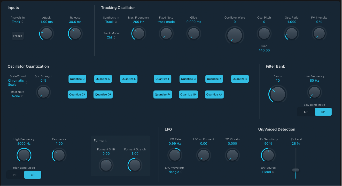 Figure. EVOC 20 TrackOscillator window, showing main interface areas.
